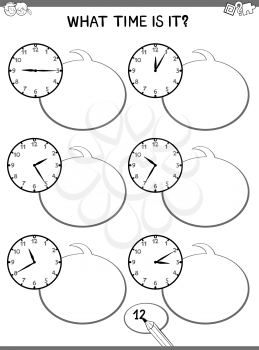 Black and White Cartoon Illustrations of Telling Time Educational Task with Clock Face for Kids