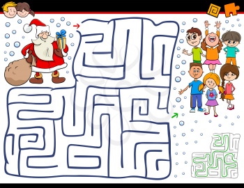 Cartoon Illustration of Education Maze or Labyrinth Activity Game for Children with Christmas Santa Claus