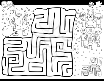 Black and White Cartoon Illustration of Education Maze or Labyrinth Activity Game for Children with Christmas Santa Claus Coloring Book