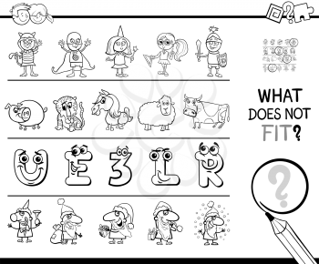 Black and White Cartoon Illustration of Finding Picture that does not Fit in a Row Educational Game with Funny Characters Color Book