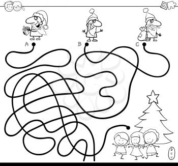 Black and White Cartoon Illustration of Lines Maze Puzzle Game with Christmas Santa Characters and Children Coloring Book