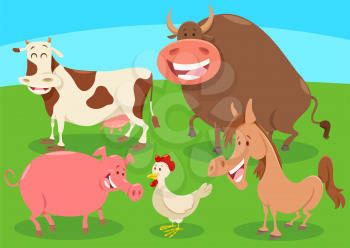 Cartoon Illustration of Farm Animal Characters Group on the Meadow