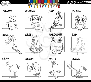 Black and White Cartoon Illustration of Basic Colors with Birds Animal Characters Educational Set for Children