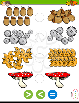 Cartoon Illustration of Educational Mathematical Puzzle Game of Greater Than, Less Than or Equal to for Preschool and Elementary Age Children