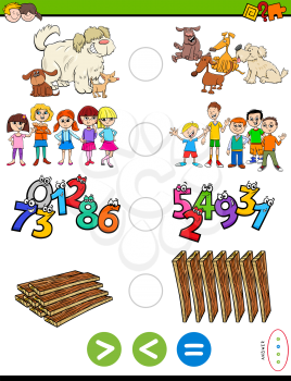 Cartoon Illustration of Educational Mathematical Puzzle Game of Greater Than, Less Than or Equal to for Preschool and Elementary Age Children