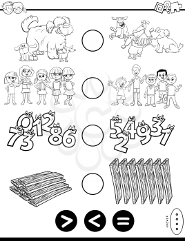 Black and White Cartoon Illustration of Educational Mathematical Puzzle Game of Greater Than, Less Than or Equal to for Preschool and Elementary Age Children Coloring Book