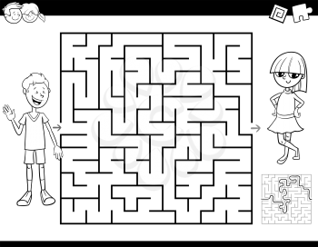 Black and White Cartoon Illustration of Education Maze or Labyrinth Activity Game for Children Coloring Book
