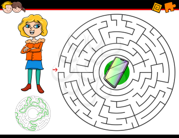 Cartoon Illustration of Education Maze or Labyrinth Activity Game for Children with Girl and Smart Phone