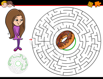 Cartoon Illustration of Education Maze or Labyrinth Activity Game for Children with Girl and Doughnut