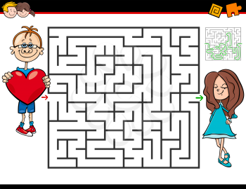 Cartoon Illustration of Education Maze or Labyrinth Activity Game for Kids with Boy in Love and Girl