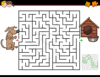 Cartoon Illustration of Education Maze or Labyrinth Activity Game for Kids with Dog and Doghouse