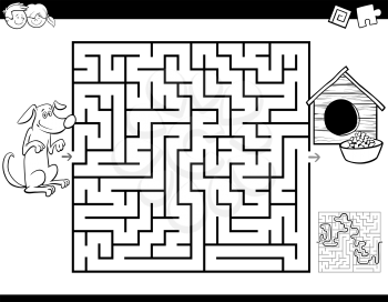 Black and White Cartoon Illustration of Education Maze or Labyrinth Activity Game for Kids with Dog and Doghouse Coloring Book
