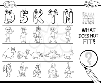 Black and White Cartoon Illustration of Finding Picture that does not Fit in a Row Educational Game with Comic Characters Color Book