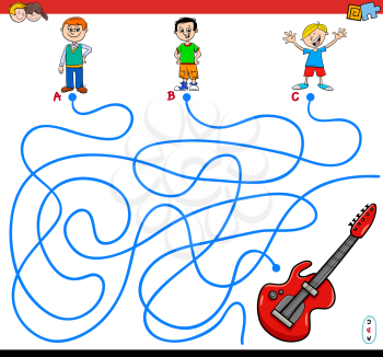 Cartoon Illustration of Paths or Maze Puzzle Game with Boys and Electric Guitar