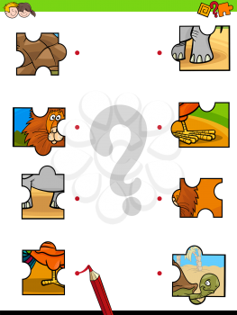 Cartoon Illustration of Educational Pictures Matching Game for Children with Jigsaw Puzzles