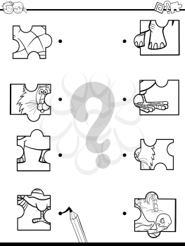 Black and White Cartoon Illustration of Educational Pictures Matching Game for Children with Jigsaw Puzzles
