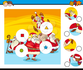 Cartoon Illustration of Educational Match the Pieces Jigsaw Puzzle for Children with Santa Claus Characters