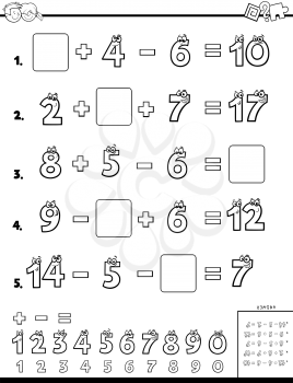 Black and White Cartoon Illustration of Educational Mathematical Calculation Puzzle Worksheet for Children Coloring Book