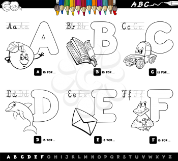 Black and White Cartoon Illustration of Capital Letters Alphabet Educational Set for Reading and Writing Learning for Children from A to F Color Book