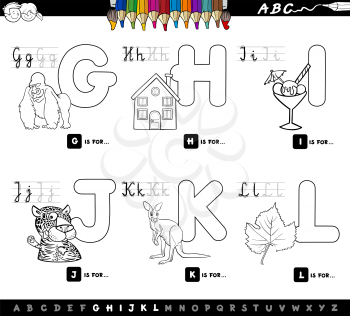 Black and White Cartoon Illustration of Capital Letters Alphabet Educational Set for Reading and Writing Learning for Children from G to L Color Book
