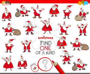 Cartoon Illustration of Find One of a Kind Picture Educational Game for Children with Santa Claus Characters