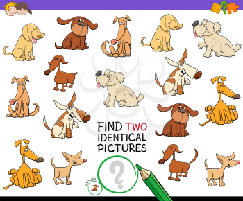 Cartoon Illustration of Finding Two Identical Pictures Educational Game for Kids with Dog Characters