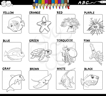 Black and White Cartoon Illustration of Basic Colors with Sea Life Animal Characters Educational Set for Children Color Book