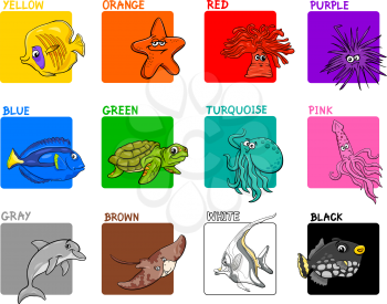 Cartoon Illustration of Basic Colors with Sea Life Animal Characters Educational Set for Children