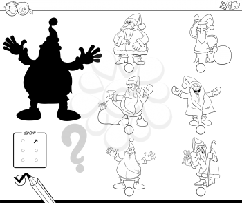 Black and White Cartoon Illustration of Finding the Right Shadow Educational Activity for Children with Santa Christmas Characters Coloring Book