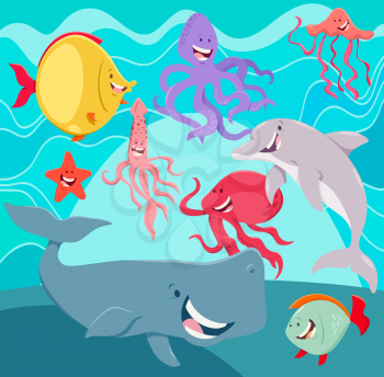 Cartoon Illustration of Sea Life Animal Characters Group Underwater