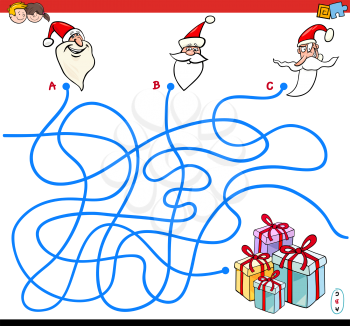 Cartoon Illustration of Lines Maze Puzzle Game with Christmas Santa Characters