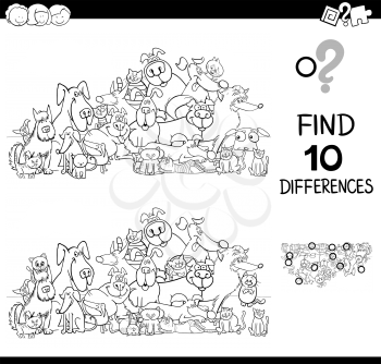 Black and White Cartoon Illustration of Finding Ten Differences Between Pictures Educational Game for Children with Cats and Dogs Animal Characters Coloring Book