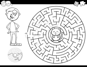 Black and White Cartoon Illustration of Education Maze or Labyrinth Activity Game for Children with Boy and Kitten Coloring Book