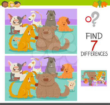 Cartoon Illustration of Finding Seven Differences Between Pictures Educational Game for Children with Dog or Puppy Characters