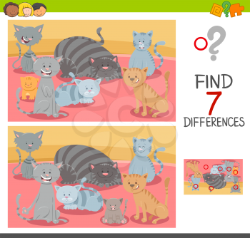 Cartoon Illustration of Finding Seven Differences Between Pictures Educational Game for Children with Cat Characters