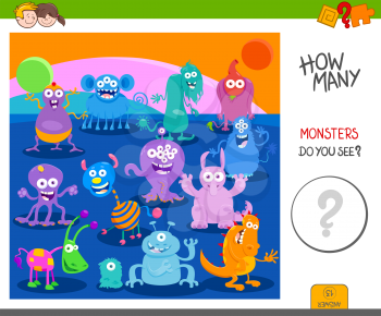 Cartoon Illustration of Educational Counting Activity Game for Kids with Monsters Fantasy Characters