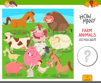 Cartoon Illustration of Educational Counting Activity Game for Kids with Farm Animal Characters