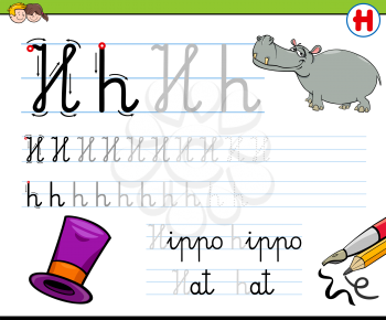 Cartoon Illustration of Writing Skills Practice with Letter H for Preschool and Elementary Age Children