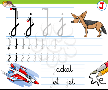 Cartoon Illustration of Writing Skills Practice with Letter J for Preschool and Elementary Age Children