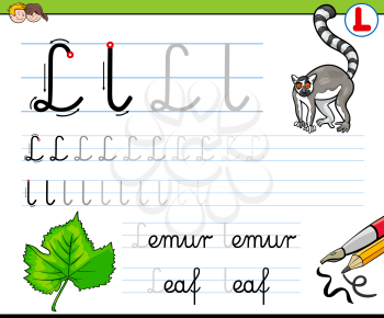 Cartoon Illustration of Writing Skills Practice with Letter L for Preschool and Elementary Age Children