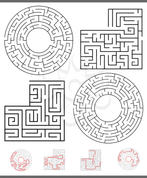 Illustration of Black and White Mazes or Labyrinths Leisure Games Set with Paths