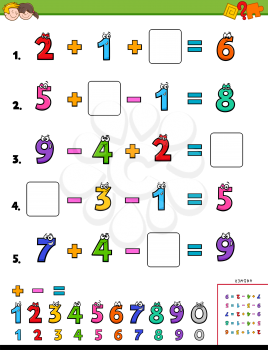 Cartoon Illustration of Educational Mathematical Calculation Puzzle Workbook for Children