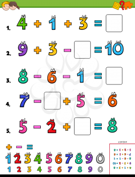 Cartoon Illustration of Educational Mathematical Calculation Workbook for Children
