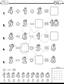 Black and White Cartoon Illustration of Educational Mathematical Calculation Workbook for Children Coloring Book