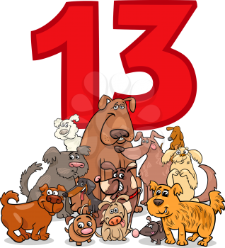 Cartoon Illustration of Number Thirteen and Dog Characters Group