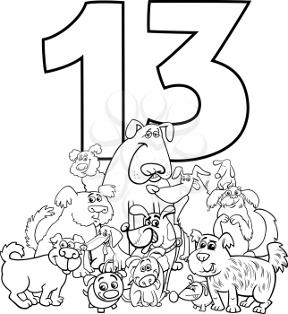 Black and White Cartoon Illustration of Number Thirteen and Dog Characters Group Coloring Book