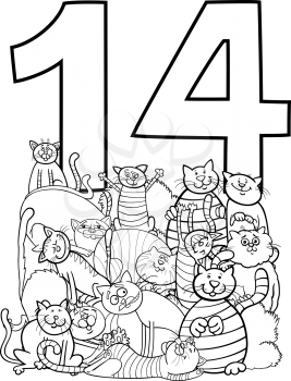Black and White Cartoon Illustration of Number Fourteen and Cat Characters Group Coloring Book