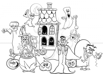 Black and White Cartoon Illustration of Halloween Holiday Funny Characters Group Coloring Book