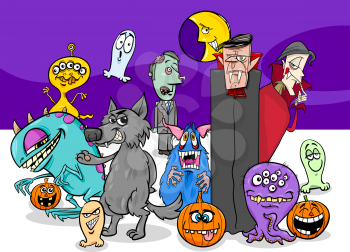 Cartoon Illustration of Halloween Holiday Monster Characters Group