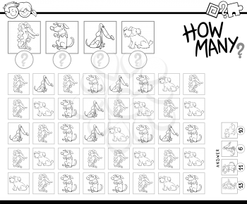 Black and White Illustration of Educational Counting Task for Children with Cartoon Dog Characters Coloring Book
